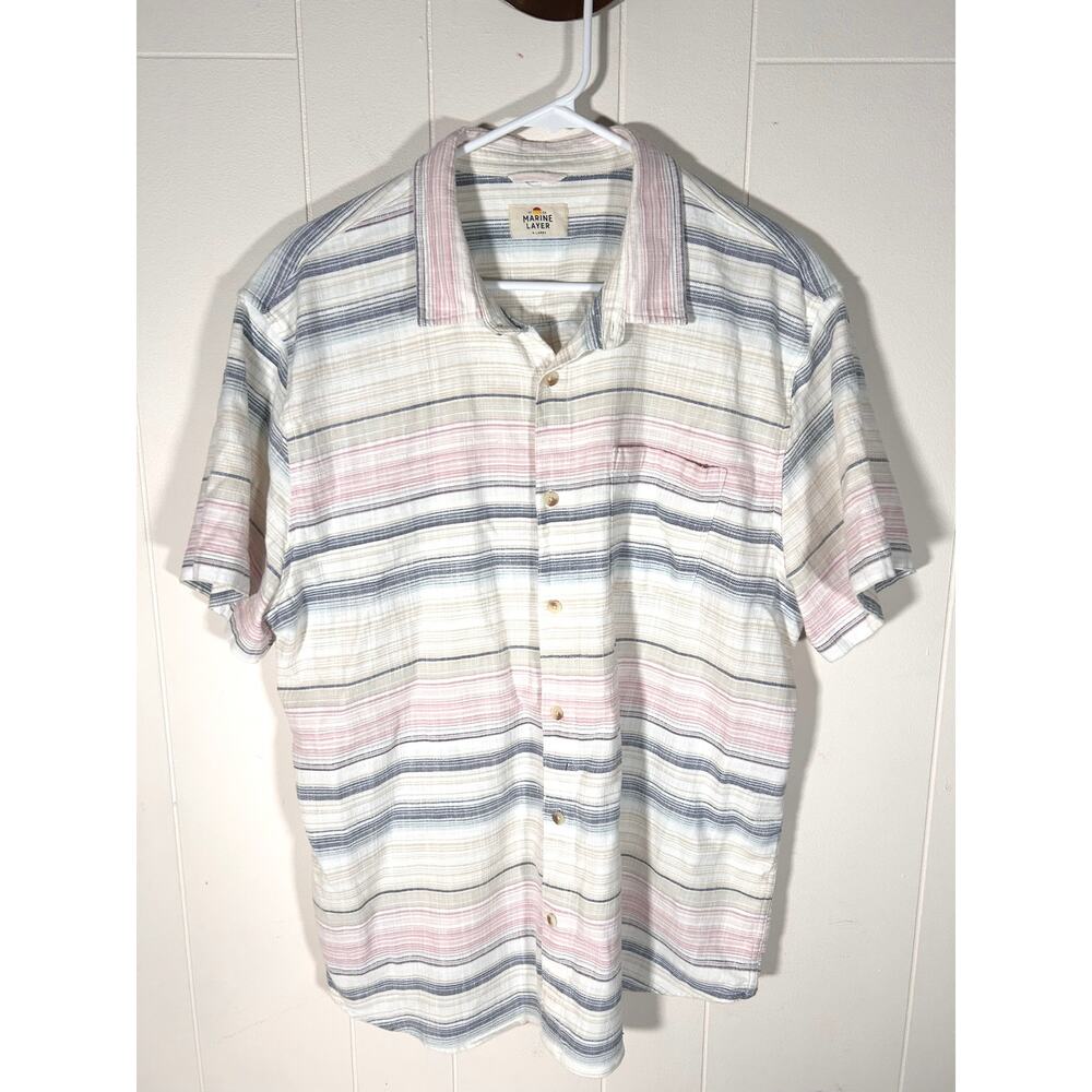 Marine Layer Stretch Selvedge Short Sleeve Button-Up Shirt Striped Men XL Casual - Picture 2 of 6